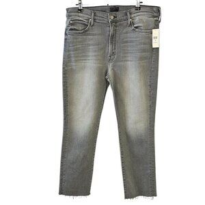 MOTHER The Rascal Mid-Rise Ankle-Fray Jeans, Noted, Grey Wash, Stretch Denim, 34